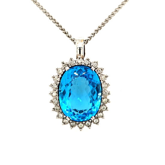 Pre Owned 9ct White Gold Blue Topaz and Diamond Pendant with Chain ZV187